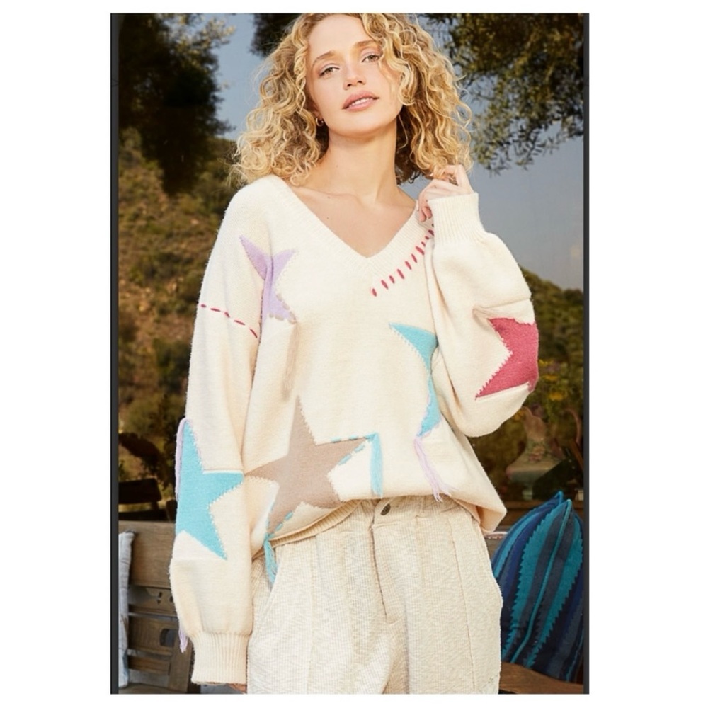 Pol Star Patterned V-Neck Multicolor Sweater - image 4